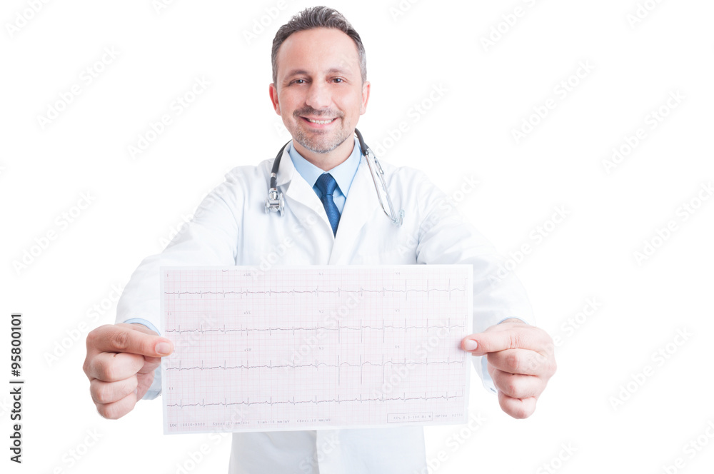Encouraging cardiologist showing healthy ekg Encouraging cardiologist showing healthy ekg
