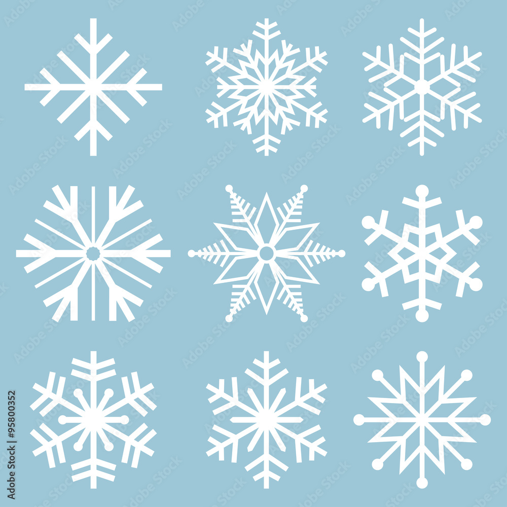 Snowflake icons. Snowflake Vectors. Snowflakes set. Background for winter and christmas theme. Vector illustration. EPS10.