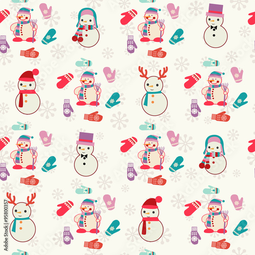 Fototapeta Naklejka Na Ścianę i Meble -  Pattern  with cute snowmen and mitten.