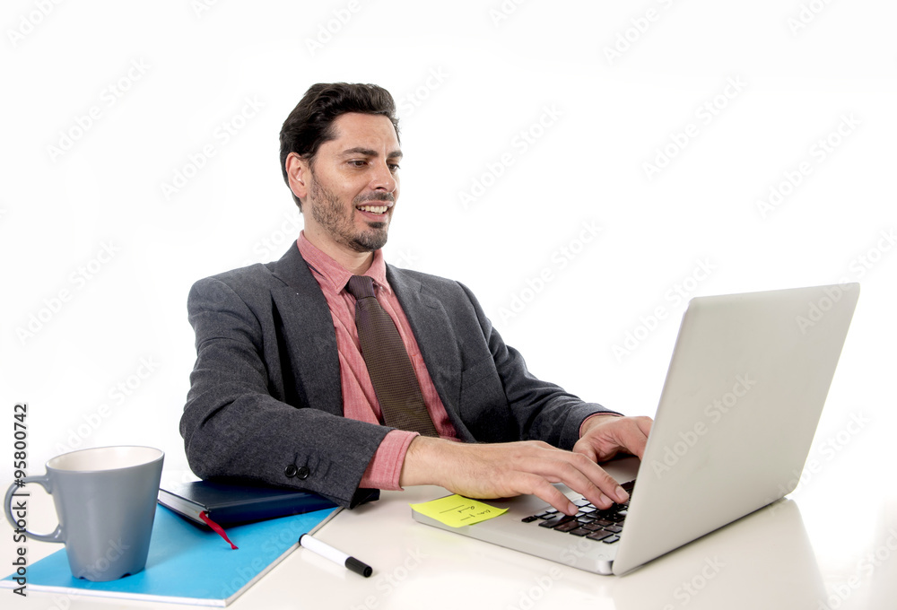 businessman working at office computer laptop looking happy sati businessman working at office computer laptop looking happy sati