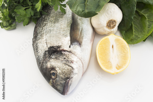 Fish dorade with swiss chard, parsley, garlic and lemon photo