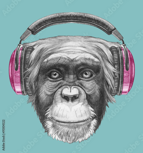 Carta da parati Scimmie - Carta da parati Portrait of Monkey with headphones. Hand drawn illustration.
