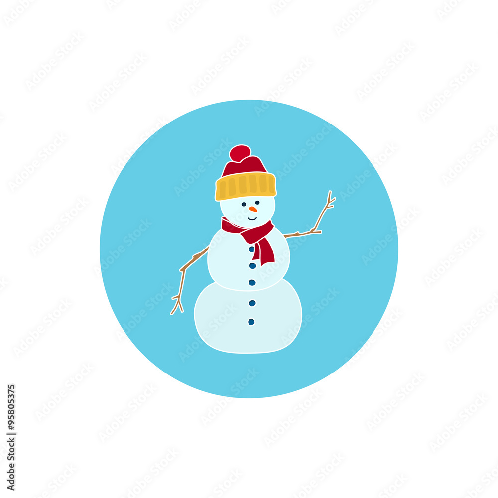 Icon Colorful Christmas Snowman in a Hat and Scarf, Round Icon Christmas Snowman, Icon Christmas Decorations,Merry Christmas and Happy New Year, Vector Illustration