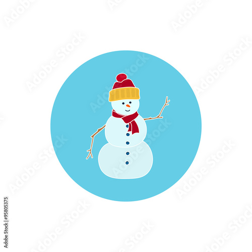 Icon Colorful Christmas Snowman in a Hat and Scarf, Round Icon Christmas Snowman, Icon Christmas Decorations,Merry Christmas and Happy New Year, Vector Illustration