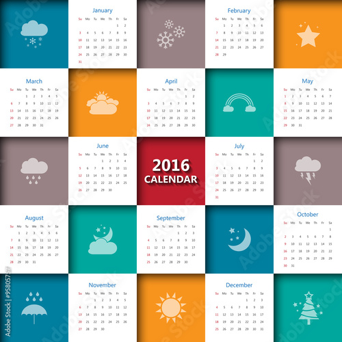 2016 calendar template with weather icon.Vector/illustration.