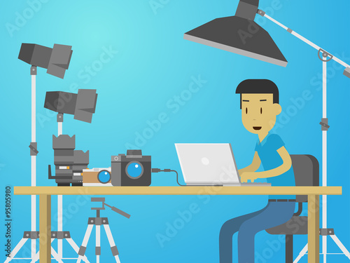 Photographer working on desktop surrounded by photography equipment in studio flat style