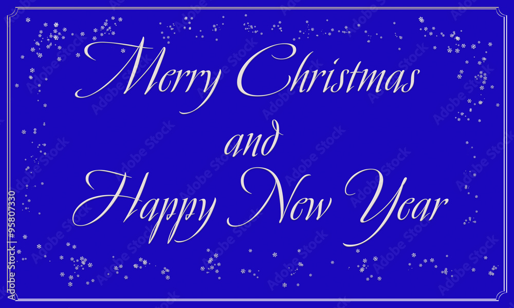 Синий фон. Белая надпись. Снежинки. Поздравление. Открытка. Веселого Рождества и счастливого Нового года