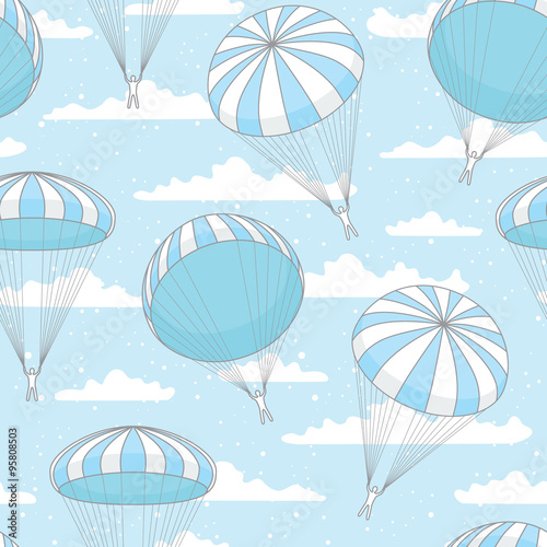 vector seamless pattern with blue parachute, clouds and snow