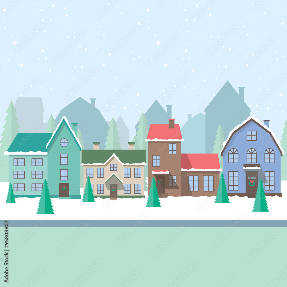 Vector flat illustration with Christmas, winter houses, vector card, city landscape.
