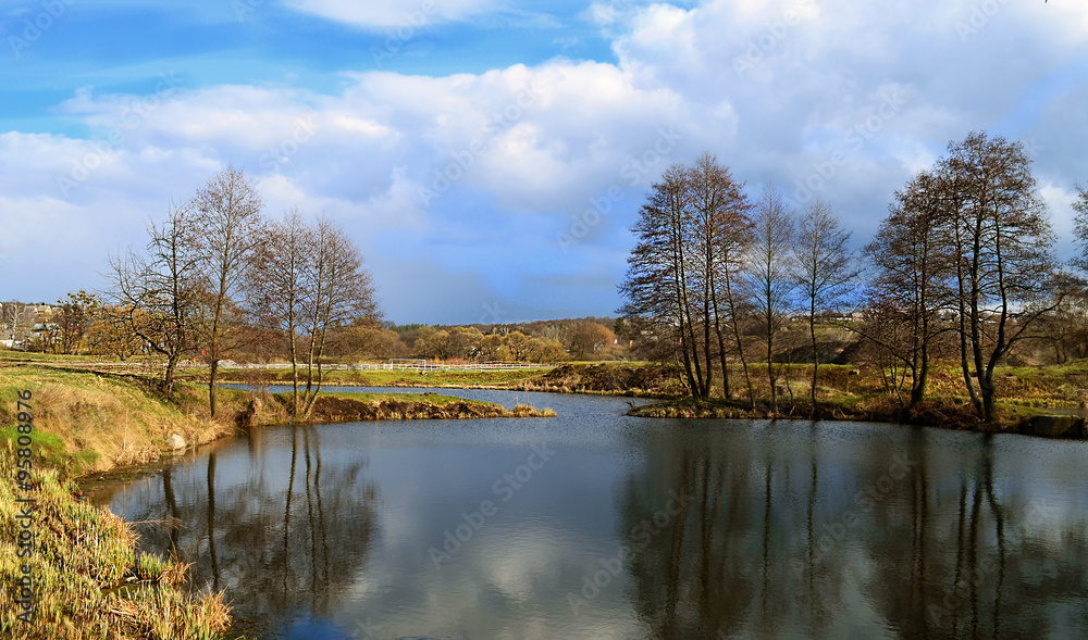 landscape tree reflected in the river in the evening