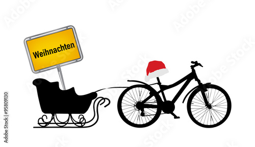 Weihnachtsschild mit Schlitten und Fahrrad