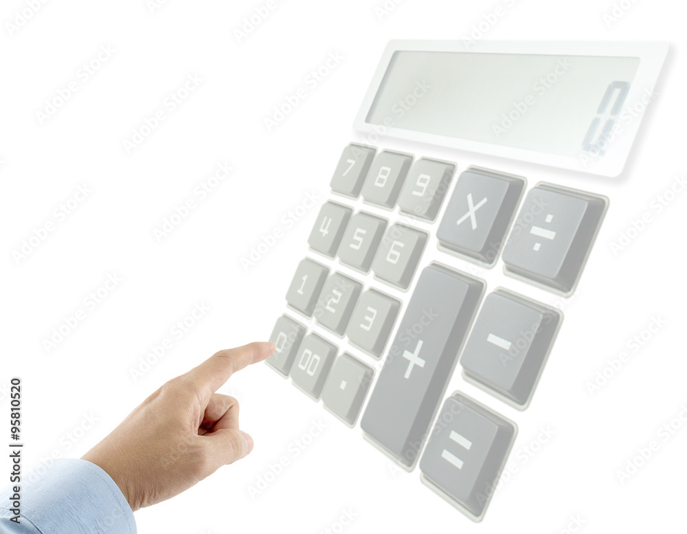 businessman pressing zero number on faded virtual calculator button isolated on white businessman pressing zero number on faded virtual calculator button isolated on white