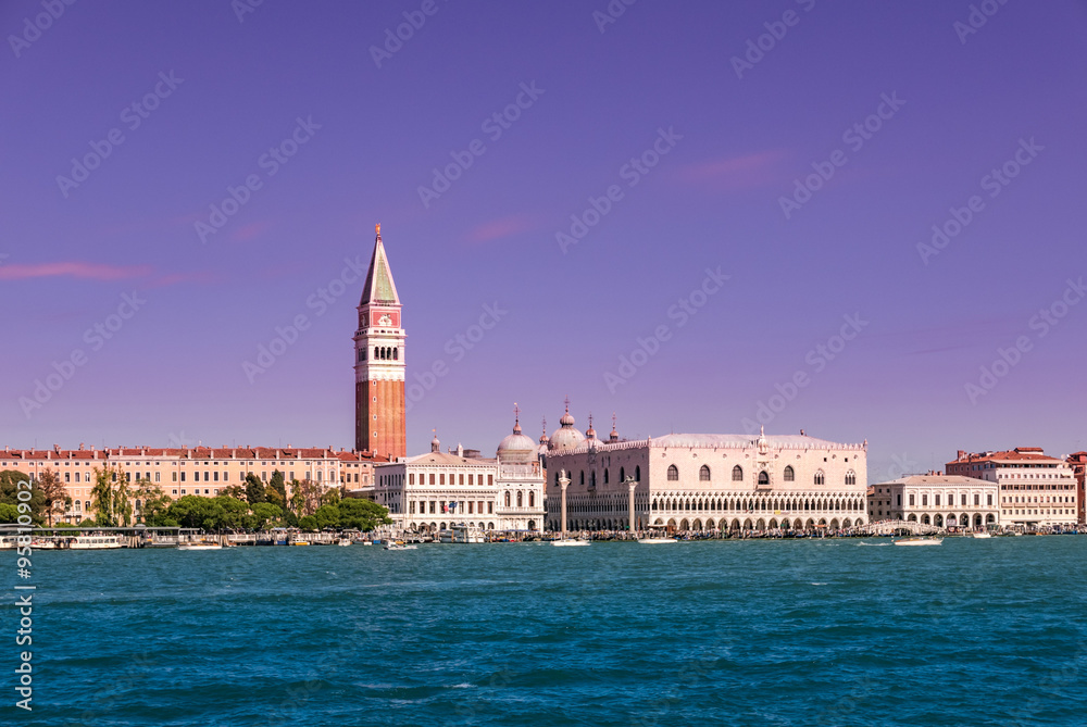 Panorama of Venice view at sunset from the sea.