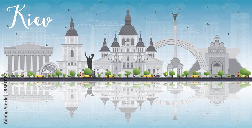 Kiev skyline with grey landmarks, blue sky and reflections. Some elements of illustration have transparency mode different from normal