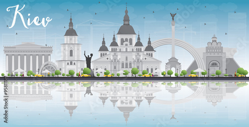 Kiev skyline with grey landmarks, blue sky and reflections. Some elements of illustration have transparency mode different from normal
