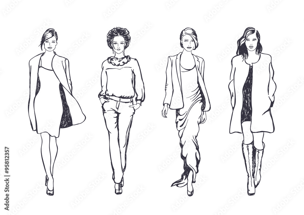 women fashion models, vector sketch style drawing women fashion models, vector sketch style drawing