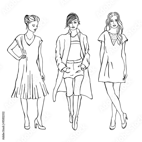 women fashion models, vector sketch style drawing