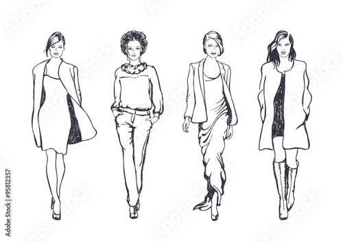 women fashion models, vector sketch style drawing