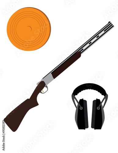 Skeet rifle, headphones for shooting and clay disk