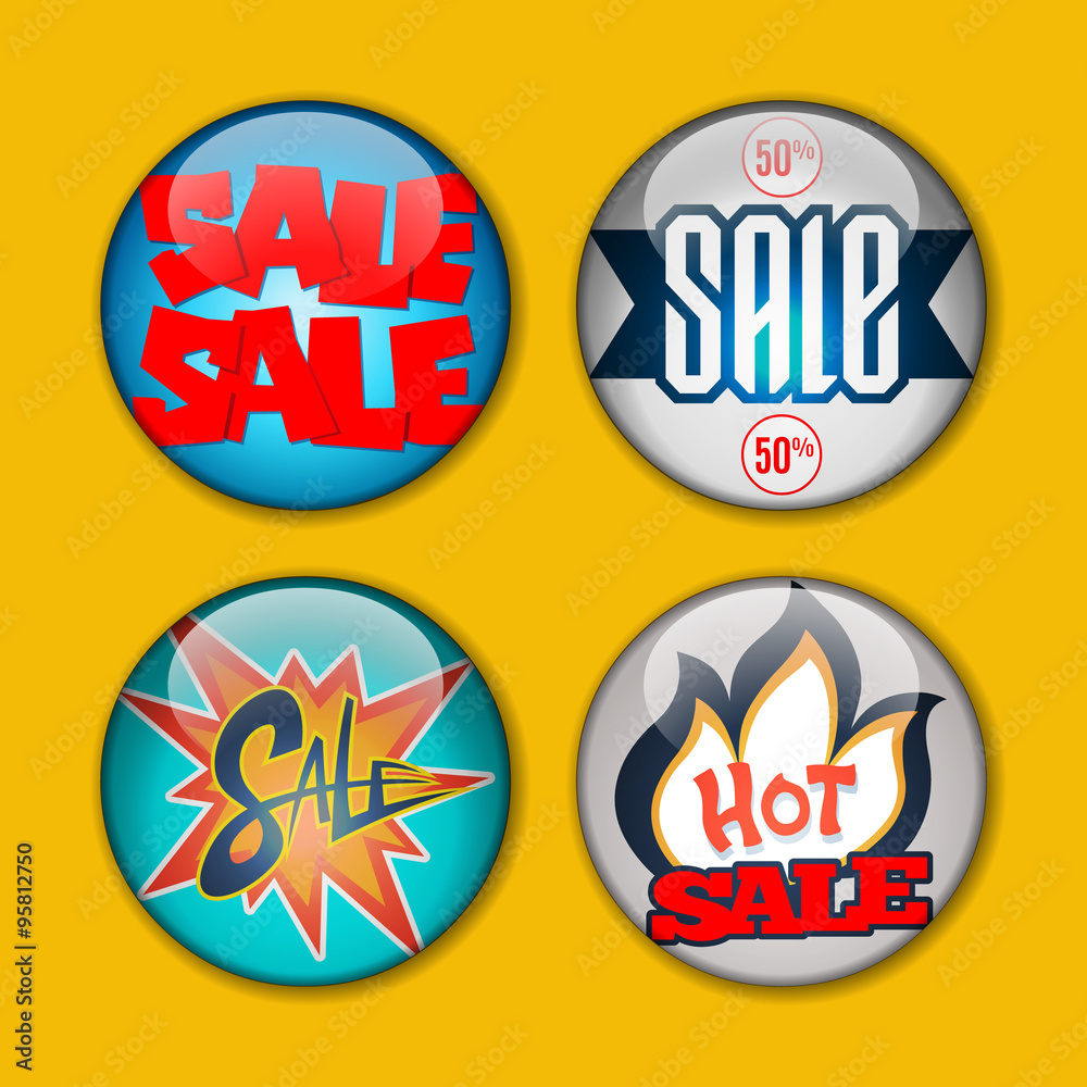 Sale Buttons isolated on the yellow background with shadows. Hot Sale. Set of vector labels.