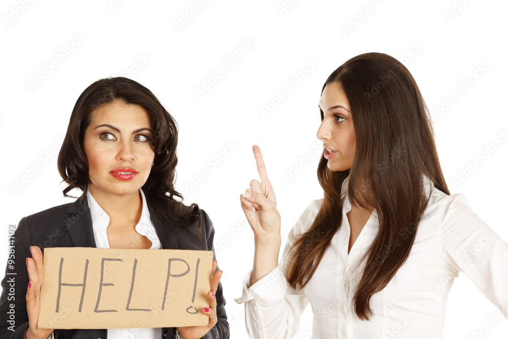 Series of shots demonstrating lack of communication. One woman holds 'help' sign while being Series of shots demonstrating lack of communication. One woman holds 'help' sign while being