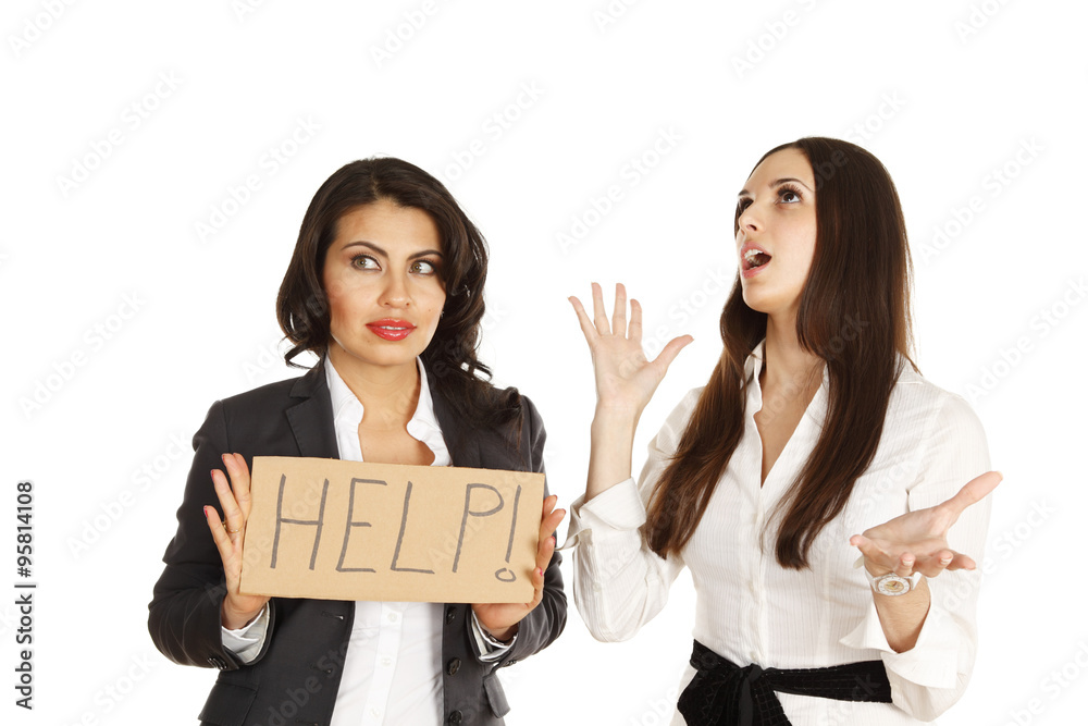 Series of shots demonstrating lack of communication. One woman holds 'help' sign while being Series of shots demonstrating lack of communication. One woman holds 'help' sign while being