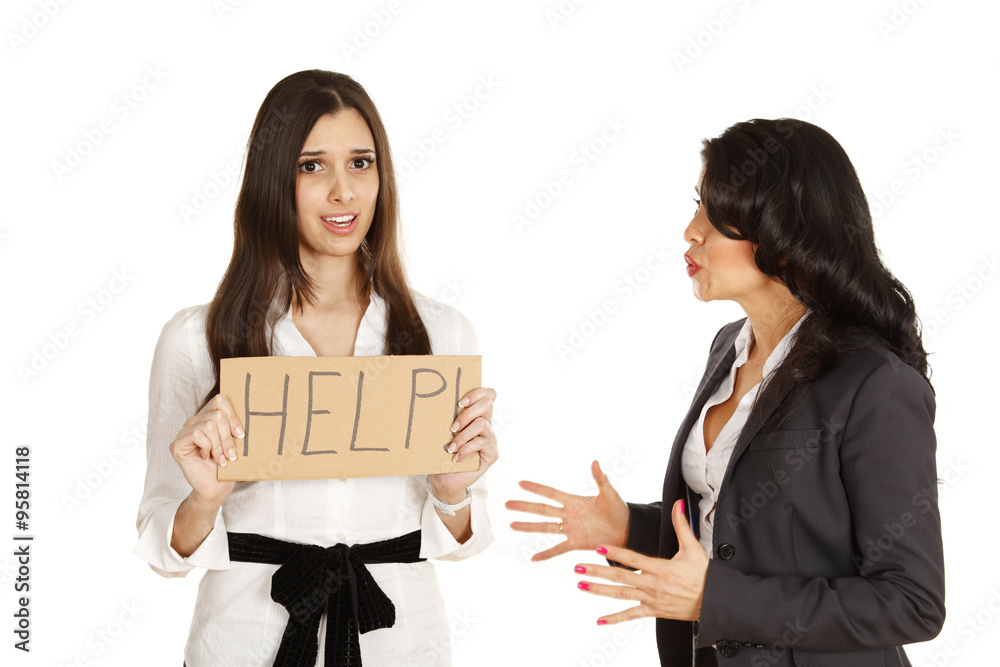 Series of shots demonstrating lack of communication. One woman holds 'help' sign while being Series of shots demonstrating lack of communication. One woman holds 'help' sign while being