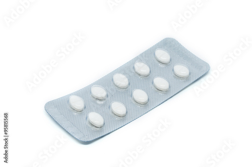 Aluminum of blister pack white tablets isolated on white backgro