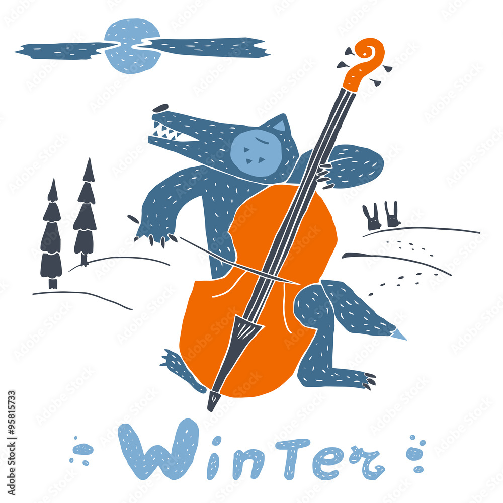 Fototapeta premium Wolf and double bass in winter night
