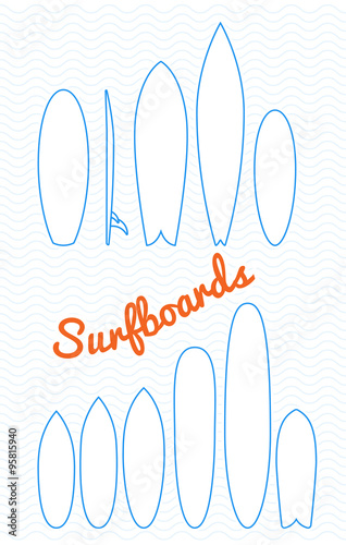 Simple surfboards types outlined  set. Vector illustration