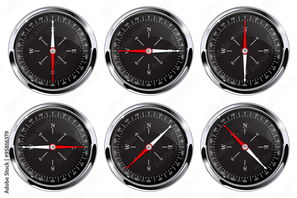 Compass. Black glossy compass with chrome frame. Compass. Black glossy compass with chrome frame.
