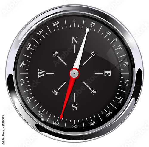 Compass. Black glossy compass with chrome frame. 
