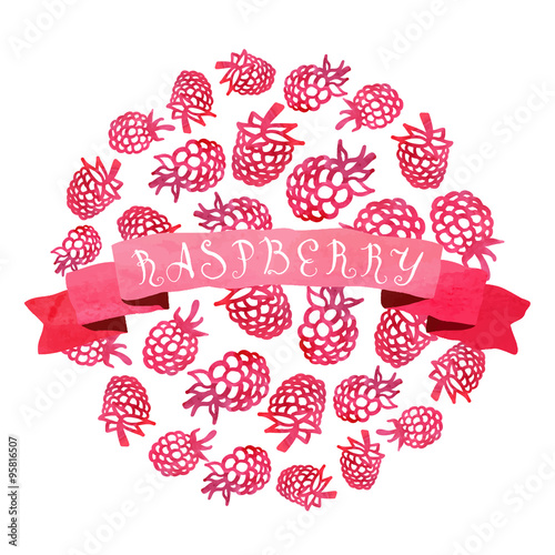 Watercolor vintage raspberry vector background with ribbon and handwritten text
