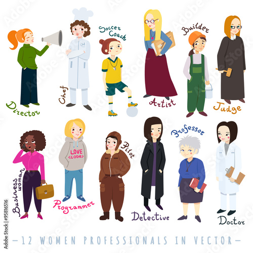 Women professionals cartoon style vector set