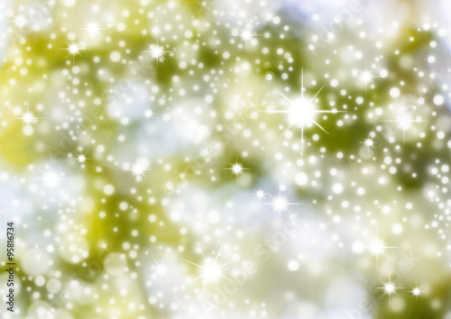 Christmas Background. Green Holiday Abstract Glitter Defocused Background With Blinking Stars. Blurred Bokeh