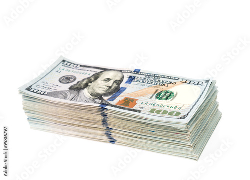 One hundred dollars banknotes on white background