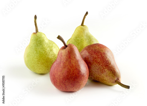 Green and Red Skinned Pears on White Background
