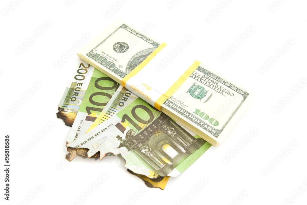 dollars and burned euros banknotes dollars and burned euros banknotes