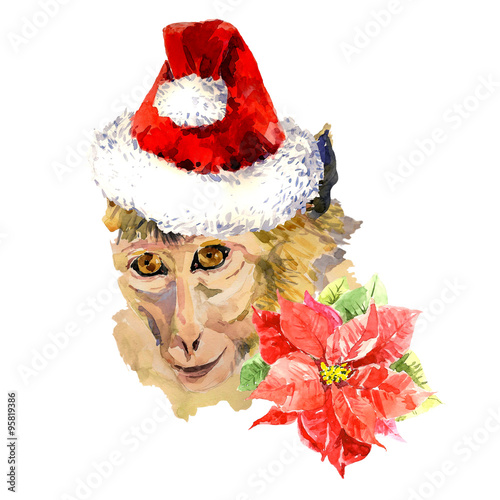 Watercolor monkey portrait in santa hat and  flowers around 