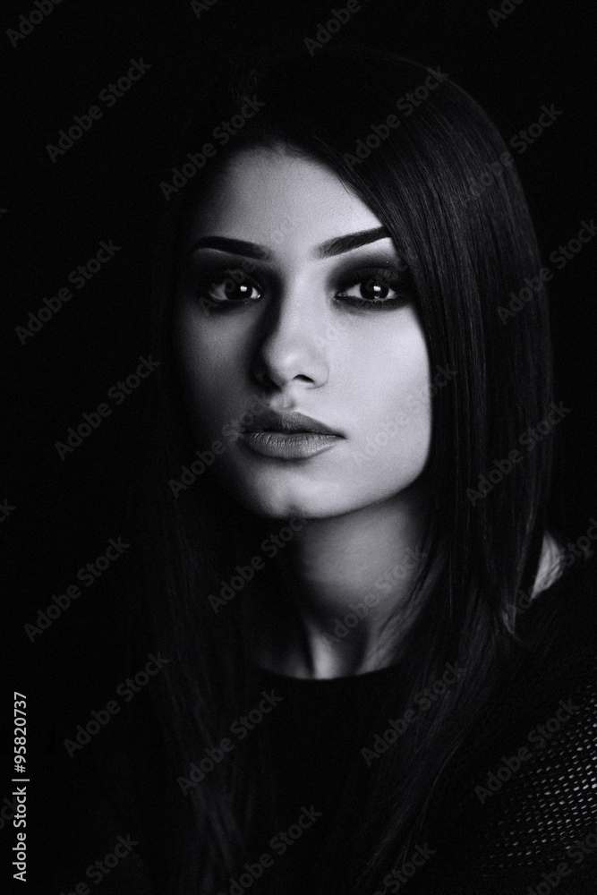 black and white portrait monochrome make up smokey eyes black background studio hair black and white portrait monochrome make up smokey eyes black background studio hair