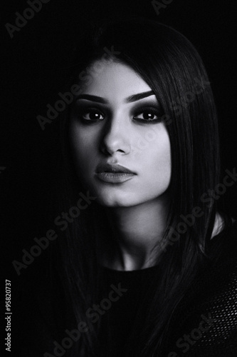 black and white portrait monochrome make up smokey eyes black background studio hair 