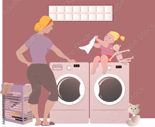 A woman with her little daughter doing laundry in a basement of her house, EPS 8 vector illustration