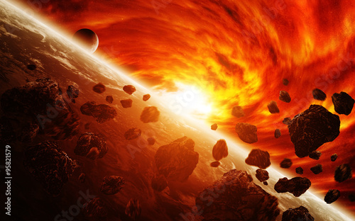 Fototapeta Naklejka Na Ścianę i Meble -  Red nebula in space with planet Earth