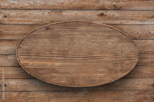 Wooden plate on the background of boards