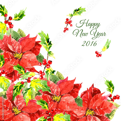 Christmas background with cool red flowers and holly leaves