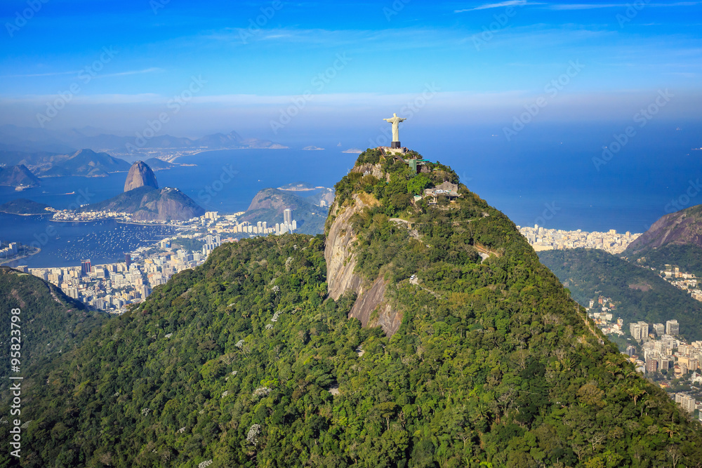 Aerial view of Christ the Redeemer and Rio de Janeiro city - obrazy, fototapety, plakaty 