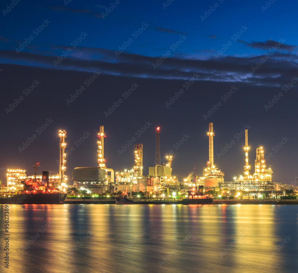 Oil refinery with sunset sky
