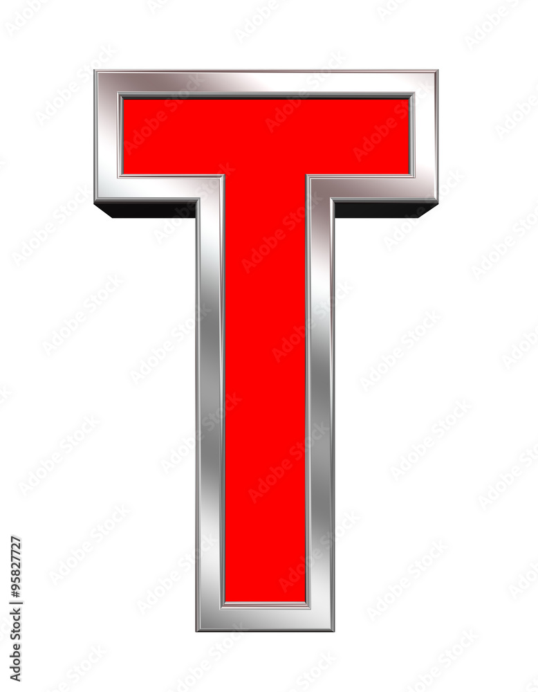 One letter from red with chrome frame alphabet set, isolated on white. Computer generated 3D photo rendering. One letter from red with chrome frame alphabet set, isolated on white. Computer generated 3D photo rendering.