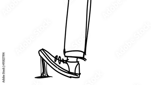 Chewing gum stuck to the shoe. Cartoon animation. Hand drawn.