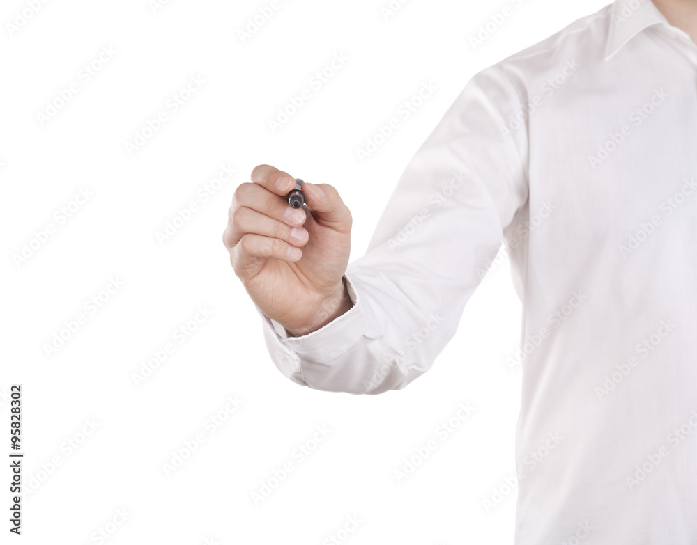 Young man writing with black marker on white background. Clipping path included. Young man writing with black marker on white background. Clipping path included.